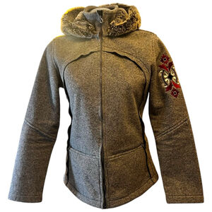 Athleta Brown Hooded Ski Jacket with Embroidered Sleeve